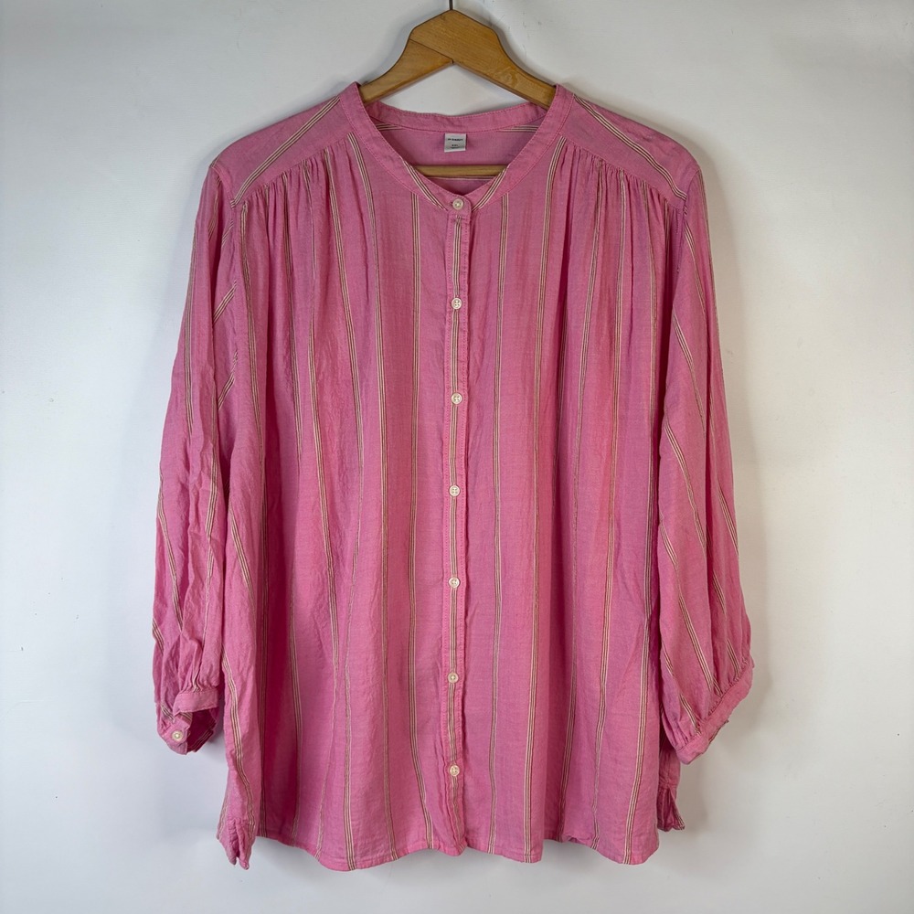 Old Navy Blouse Women XXL Pink Striped Button Down Band Collar Relaxed Fit